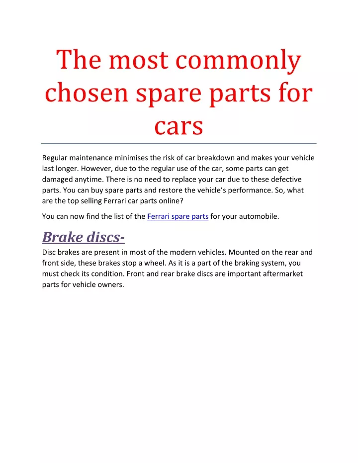 the most commonly chosen spare parts for cars