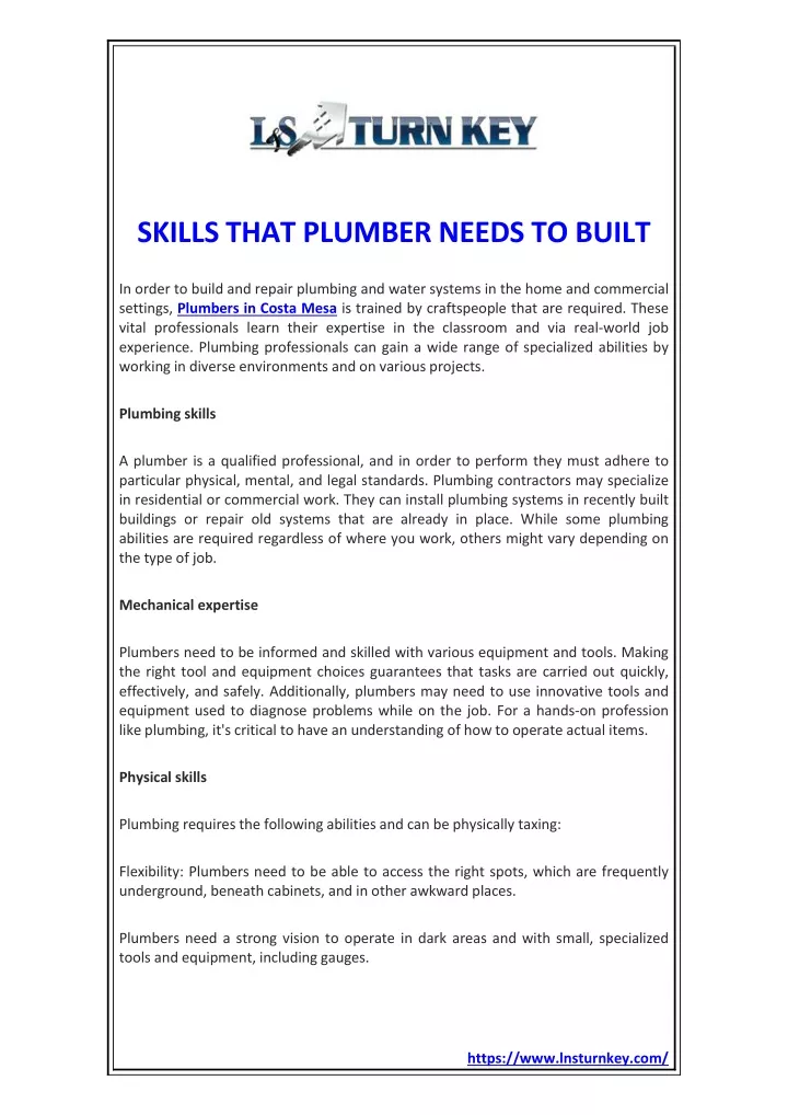 skills that plumber needs to built
