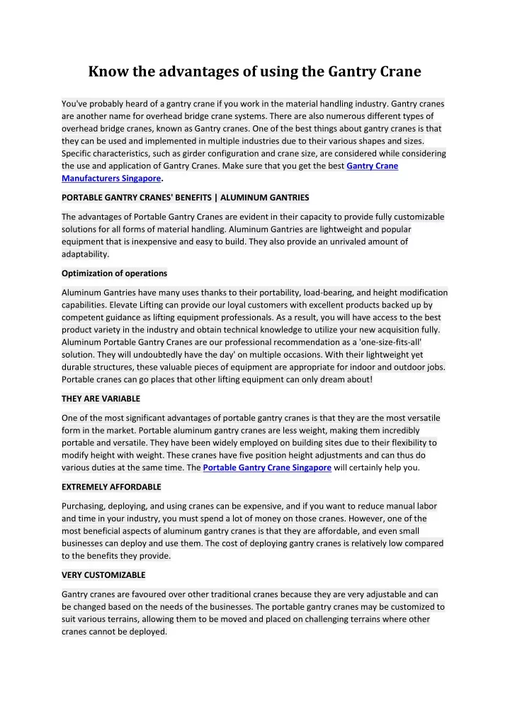 know the advantages of using the gantry crane