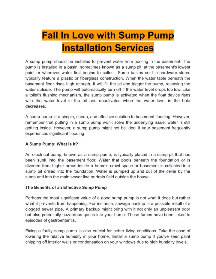 fall in love with sump pump installation services