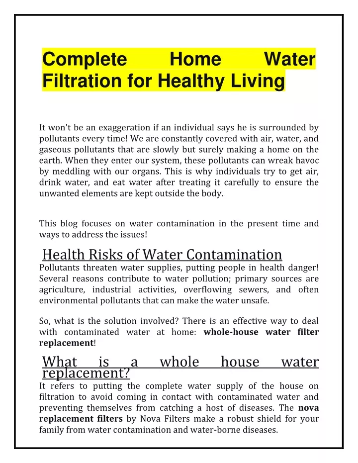complete filtration for healthy living