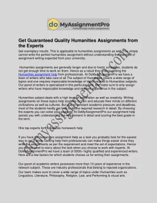Get Guaranteed Quality Humanities Assignments from the Experts