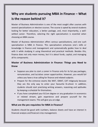 Why are students pursuing MBA in Finance