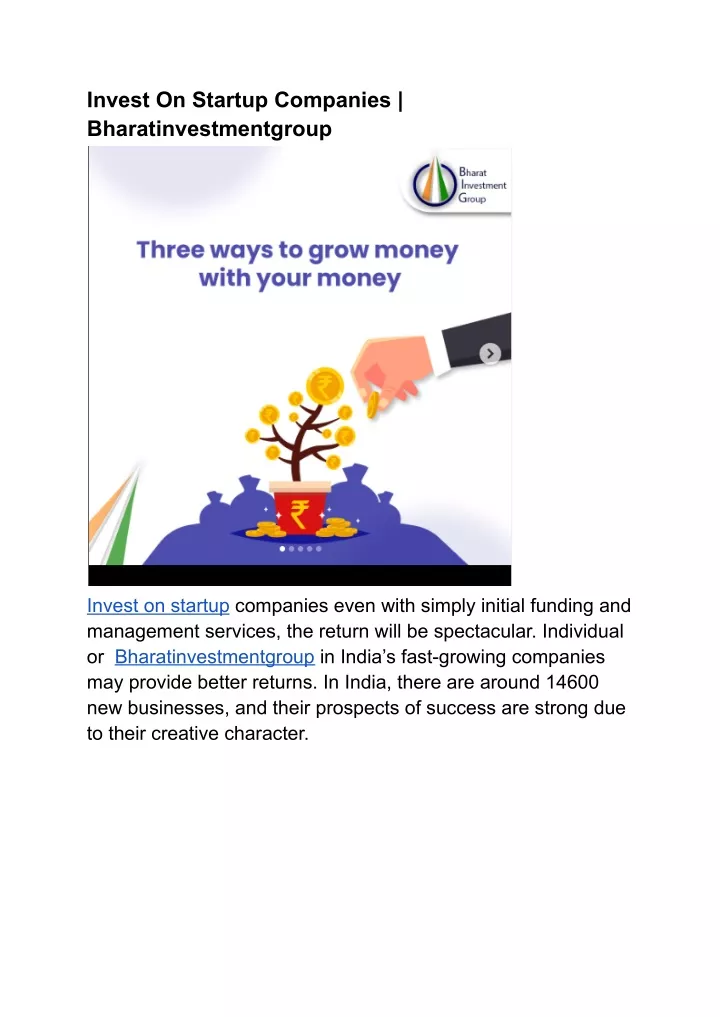invest on startup companies bharatinvestmentgroup
