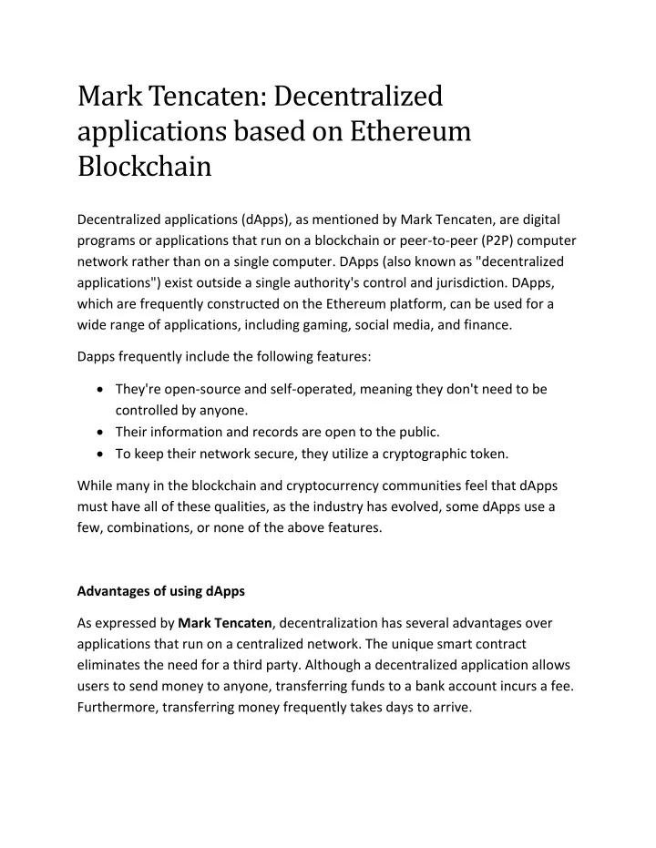 mark tencaten decentralized applications based