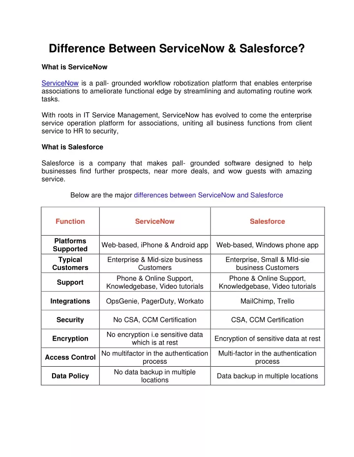 difference between servicenow salesforce