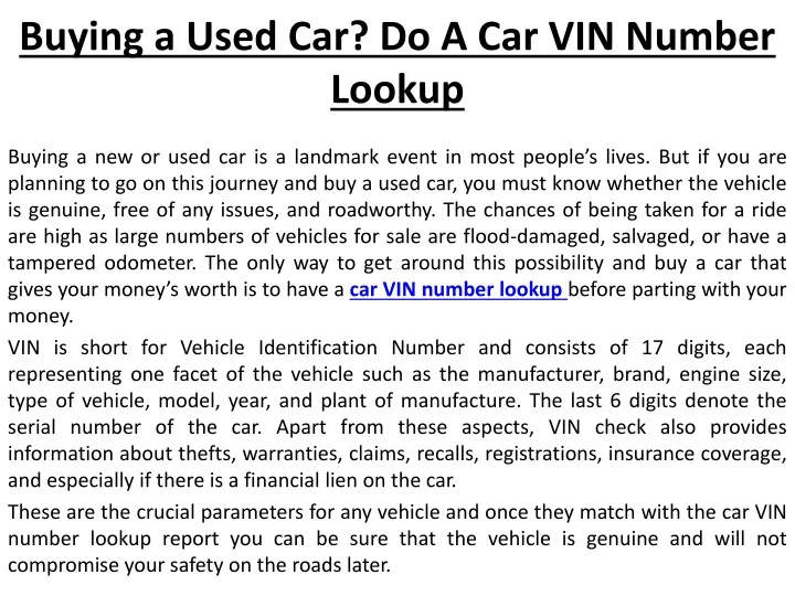 PPT - Buying a Used Car Do A Car VIN Number Lookup PowerPoint