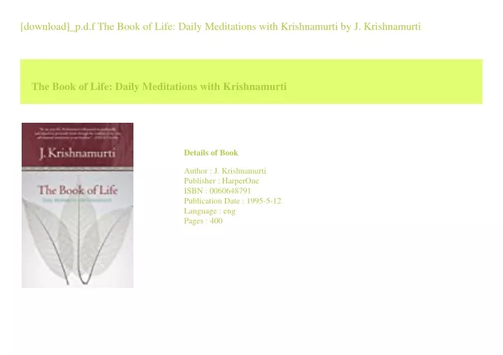 Ppt Download Pdf The Book Of Life Daily Meditations With