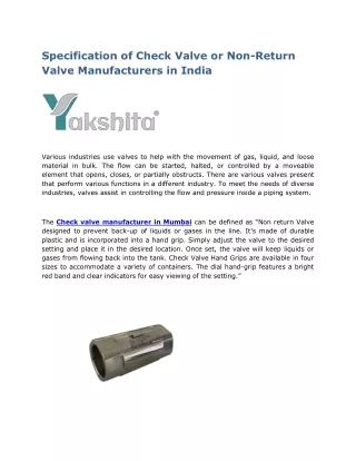 specification of check valve or non return valve