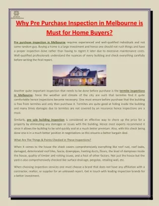 Why Pre Purchase Inspection in Melbourne is Must for Home Buyers