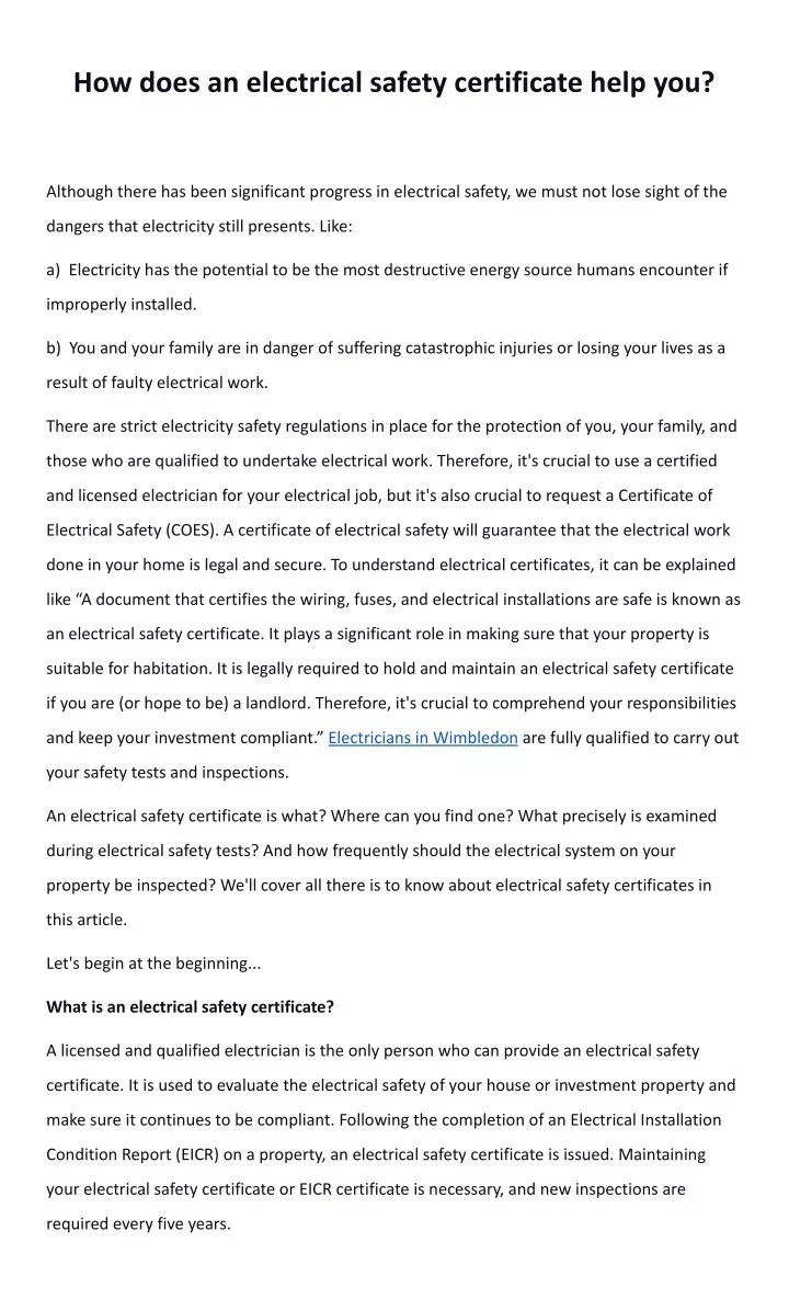 how does an electrical safety certificate help you