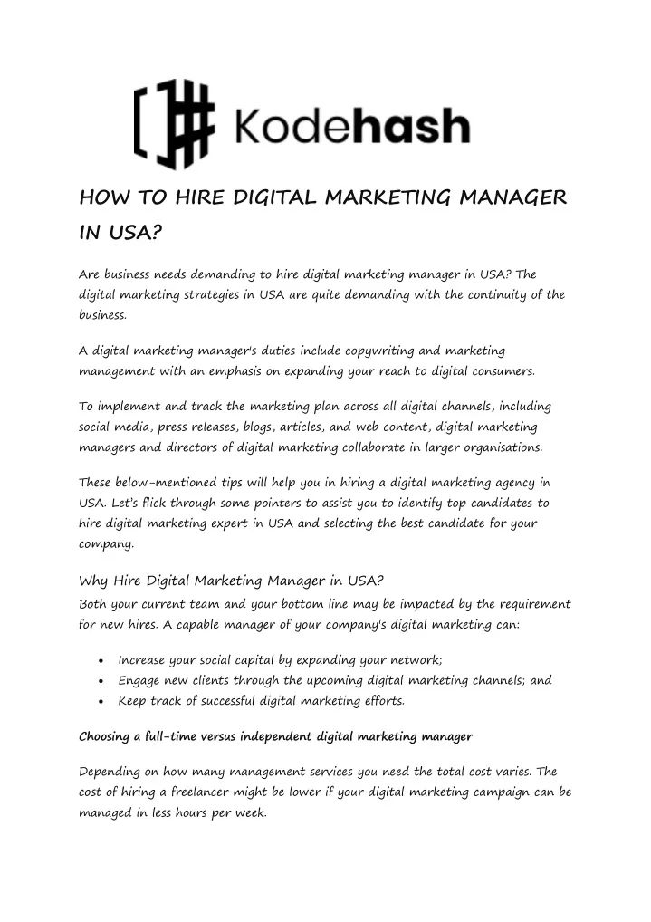 how to hire digital marketing manager in usa