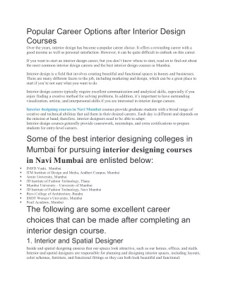 Popular Career Options after Interior Design Courses