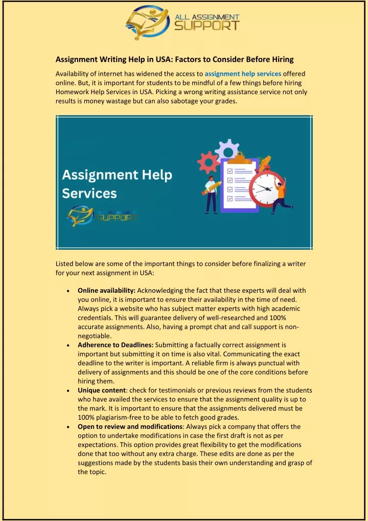 assignment writing help in usa factors