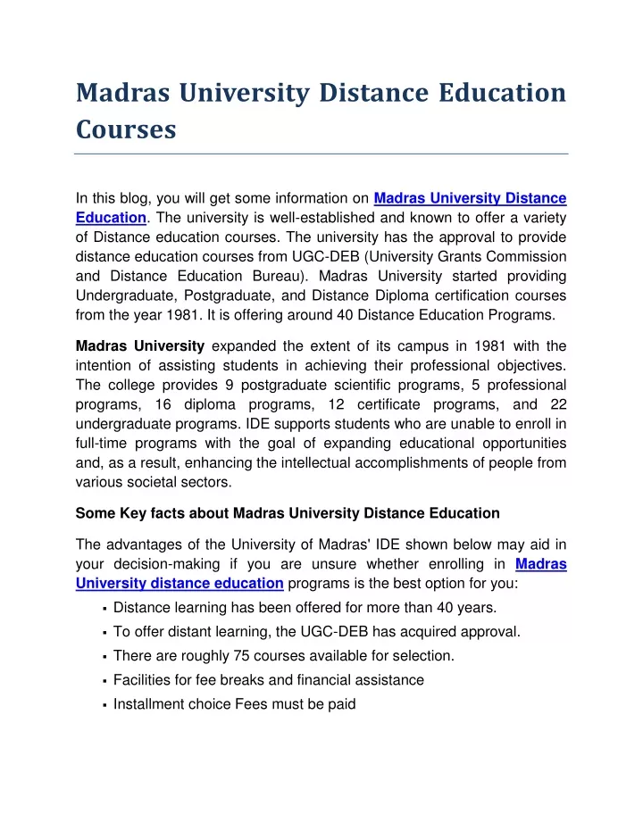 madras university distance education courses