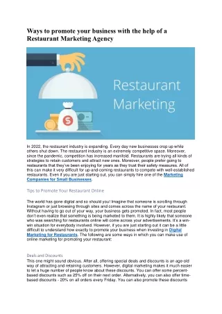 Ways to promote your business with the help of a Restaurant Marketing Agency