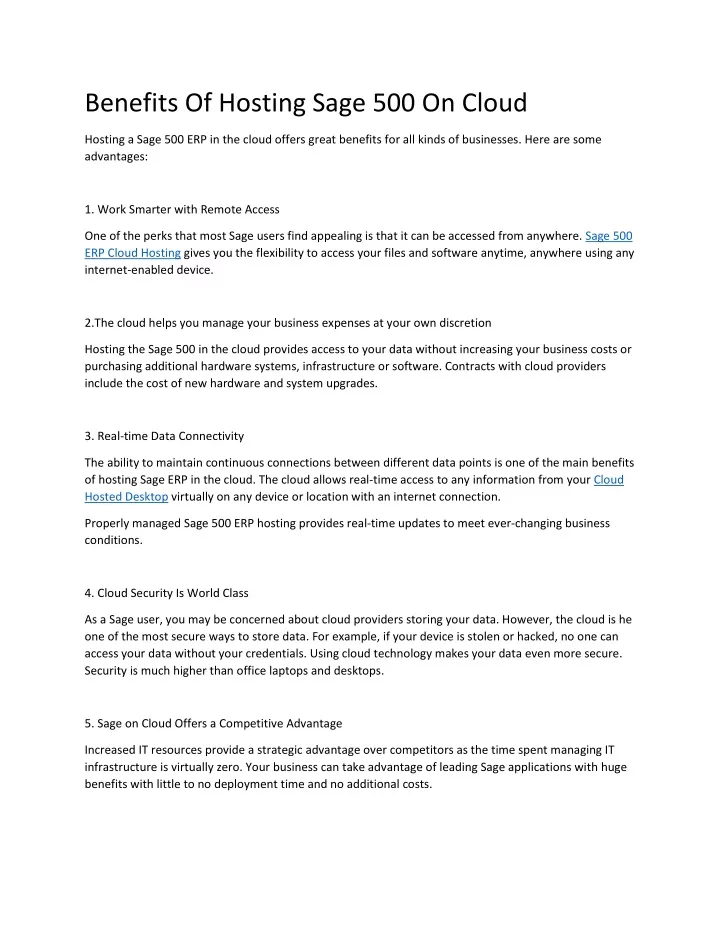 benefits of hosting sage 500 on cloud