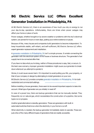 BG Electric Service LLC Offers Excellent Generator Installation in Philadelphia, PA