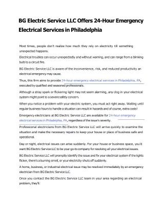 BG Electric Service LLC Offers 24-Hour Emergency Electrical Services in Philadelphia