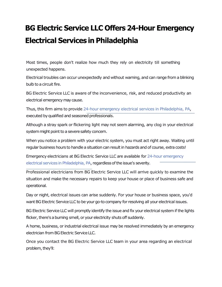 bg electric service llc offers 24 hour emergency