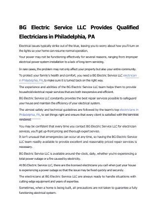 BG Electric Service LLC Provides Qualified Electricians in Philadelphia, PA