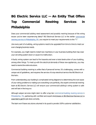 BG Electric Service LLC — An Entity That Offers Top Commercial Rewiring Services in Philadelphia