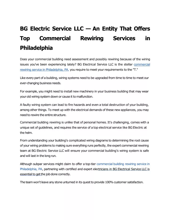 bg electric service llc an entity that offers