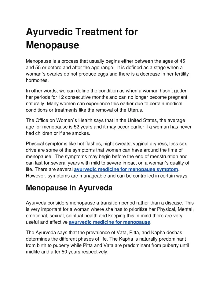 ayurvedic treatment for menopause
