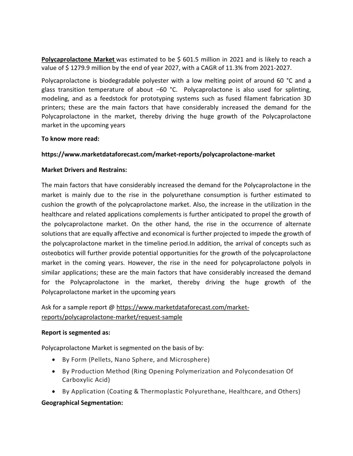 polycaprolactone market was estimated