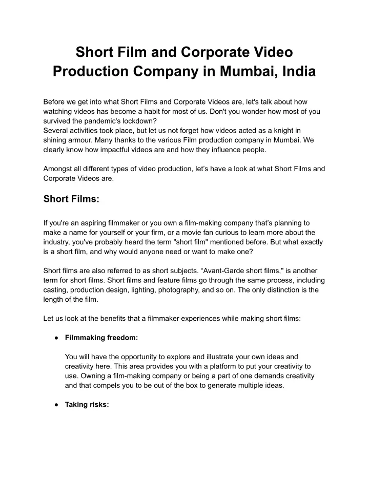 short film and corporate video production company