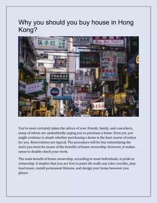 Why you should you buy house in Hong Kong