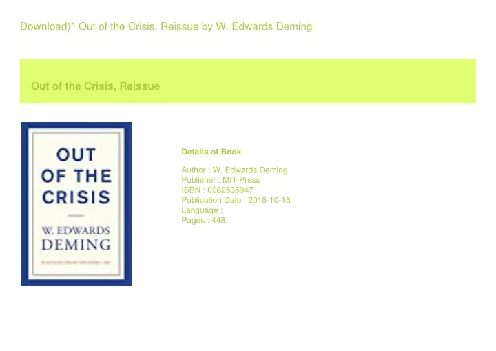 download out of the crisis reissue by w edwards