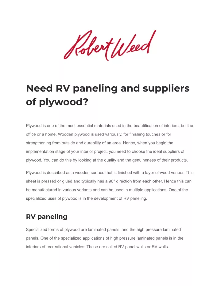 need rv paneling and suppliers of plywood