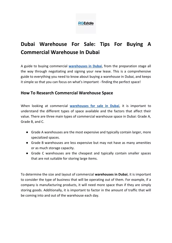 dubai warehouse for sale tips for buying