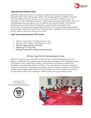 200 hours Certification course in Goa