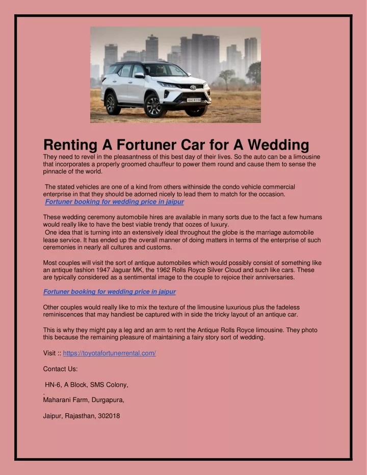 renting a fortuner car for a wedding they need