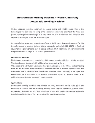 Electrofusion Welding Machine – World Class Fully Automatic Welding Machine