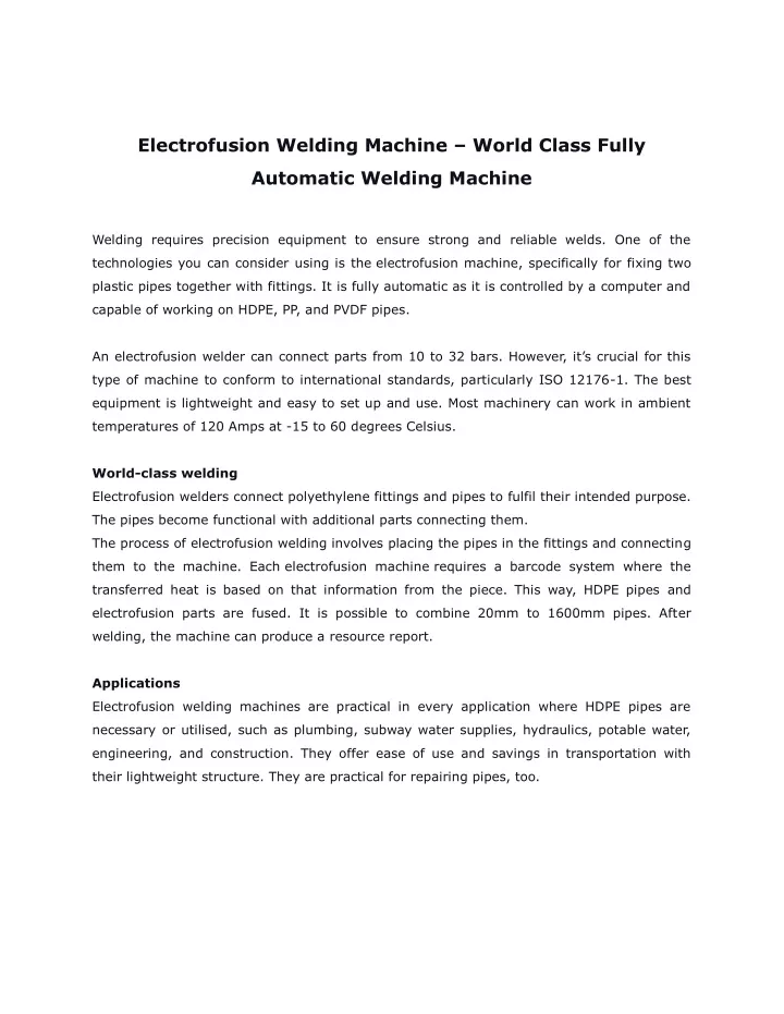 electrofusion welding machine world class fully