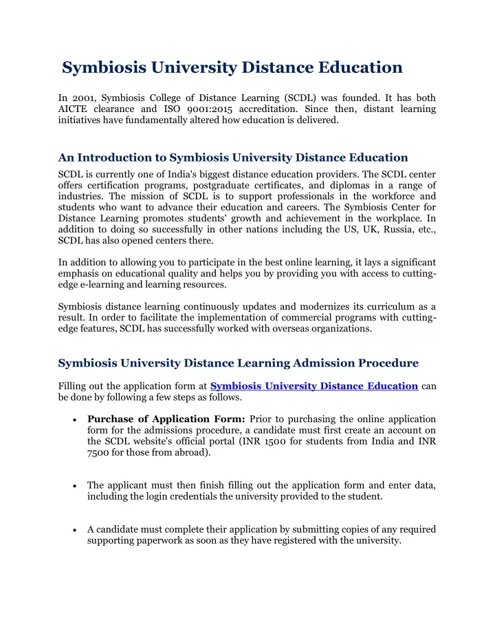 symbiosis university distance education in 2001