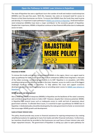 MSME Loan Scheme in Rajasthan