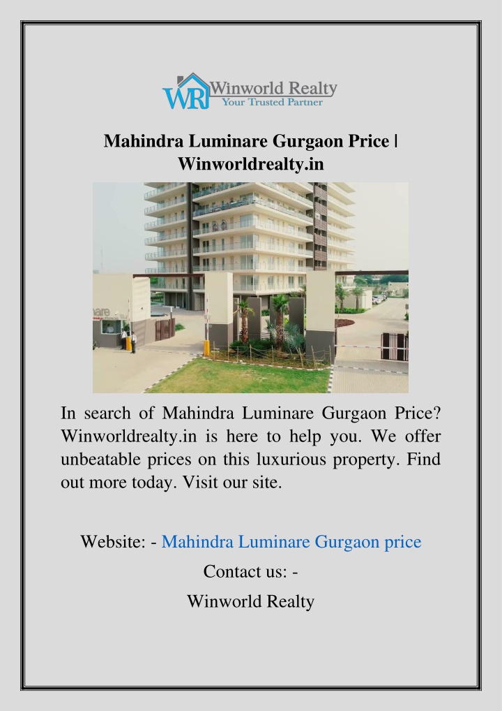 mahindra luminare gurgaon price winworldrealty in