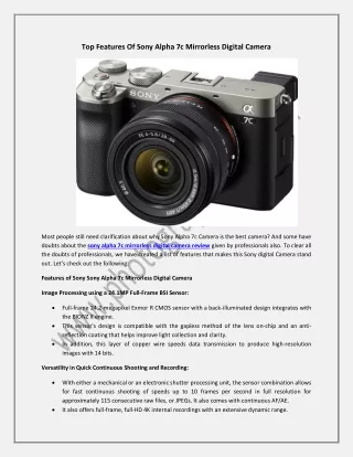 Top Features Of Sony Alpha 7c Mirrorless Digital Camera