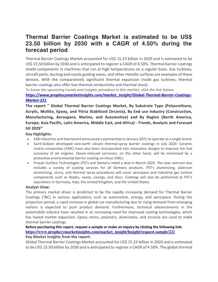 thermal barrier coatings market is estimated