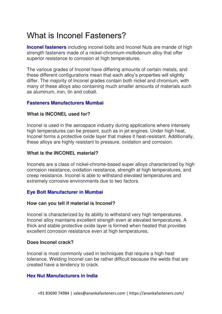 what is inconel fasteners