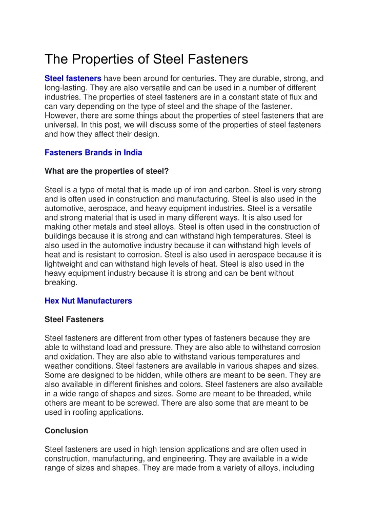 the properties of steel fasteners