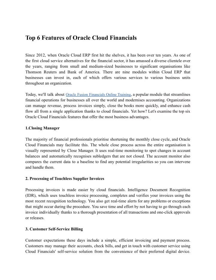 top 6 features of oracle cloud financials