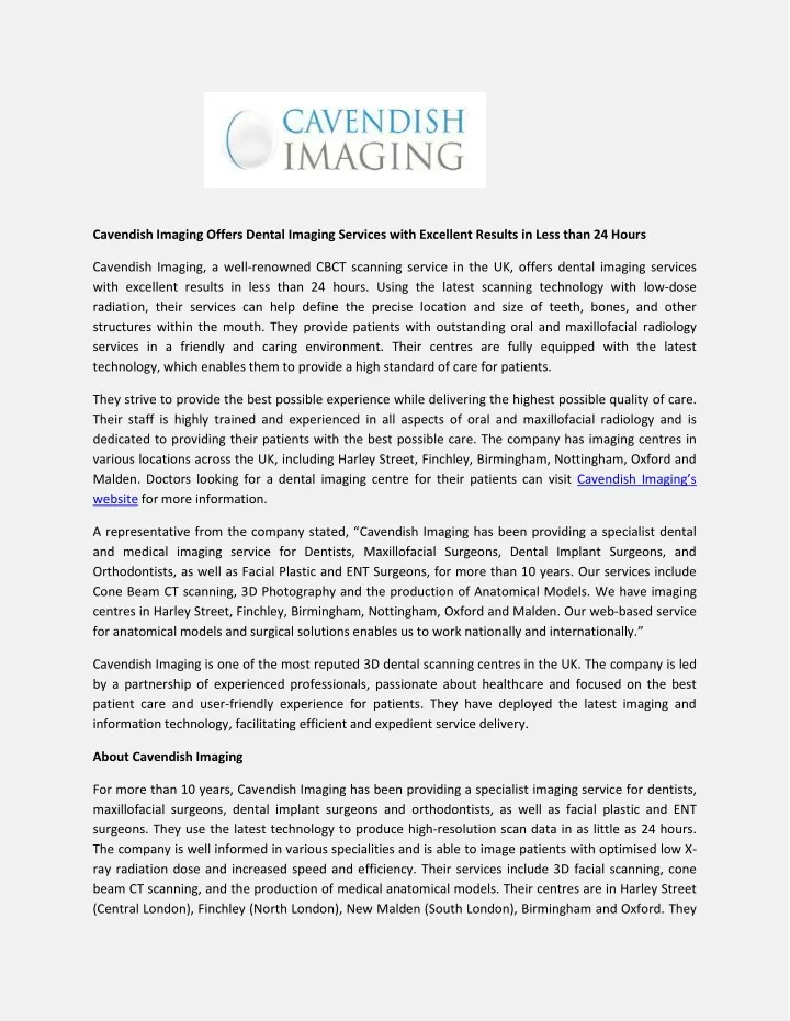 cavendish imaging offers dental imaging services