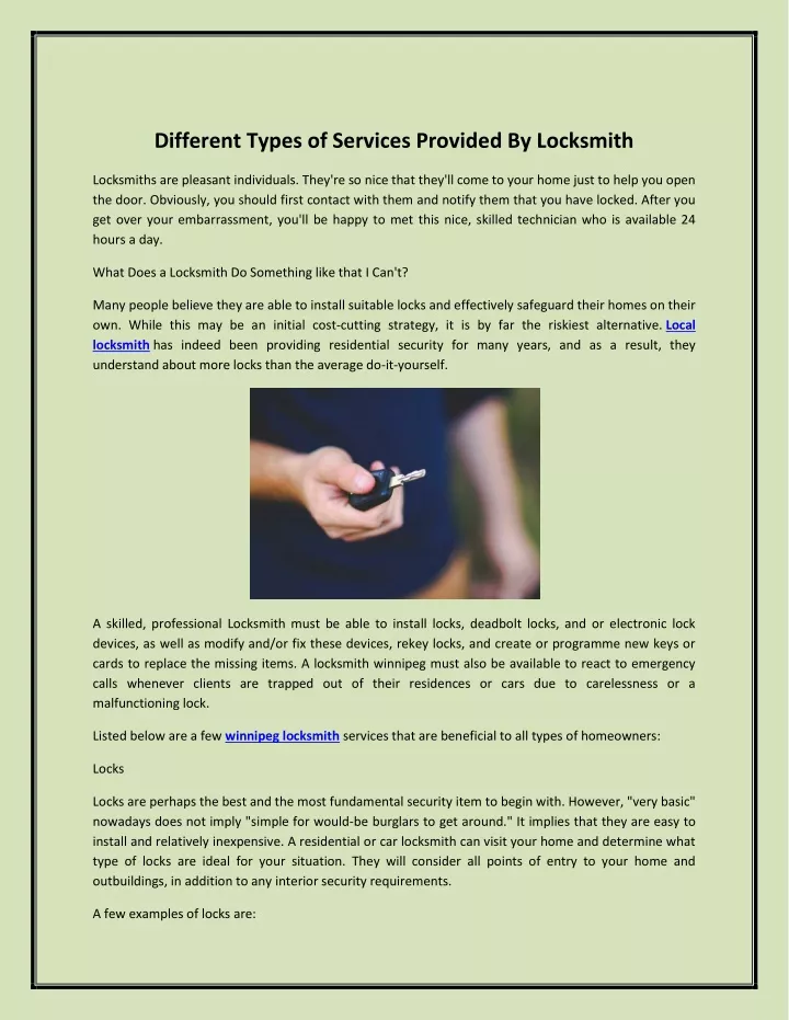 different types of services provided by locksmith