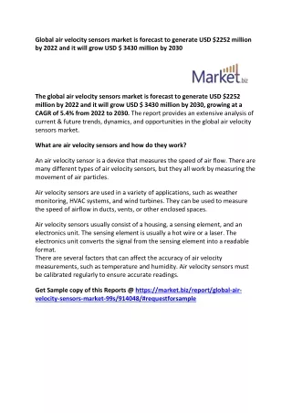 Global air velocity sensors market grow will be at a CAGR of 5.4% in 2022-2030