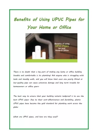 Benefits of Using UPVC Pipes for Your Home or Office